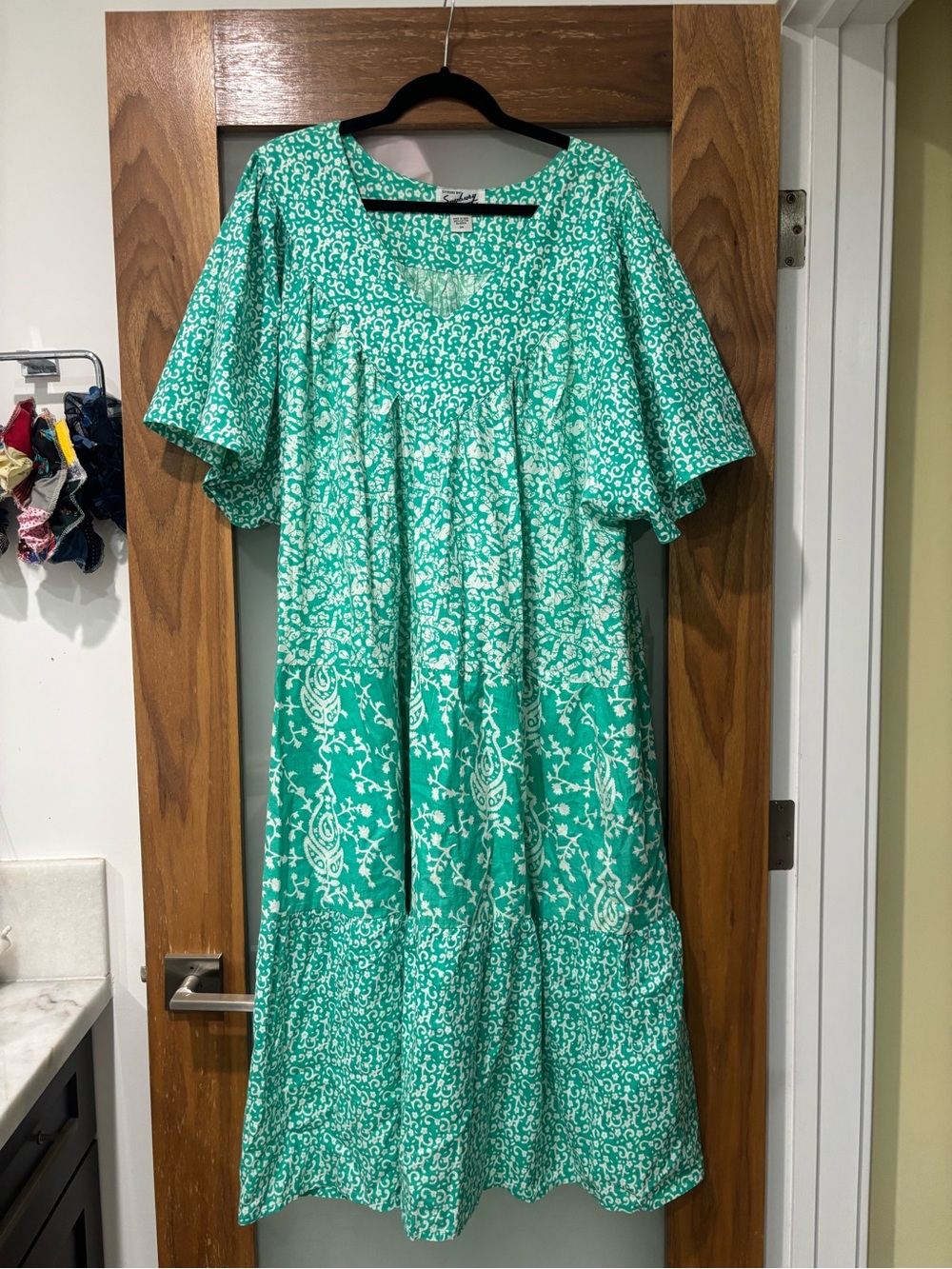 Vintage Saybury Teal Green Printed Maxi Dress with Flutter Sleeves